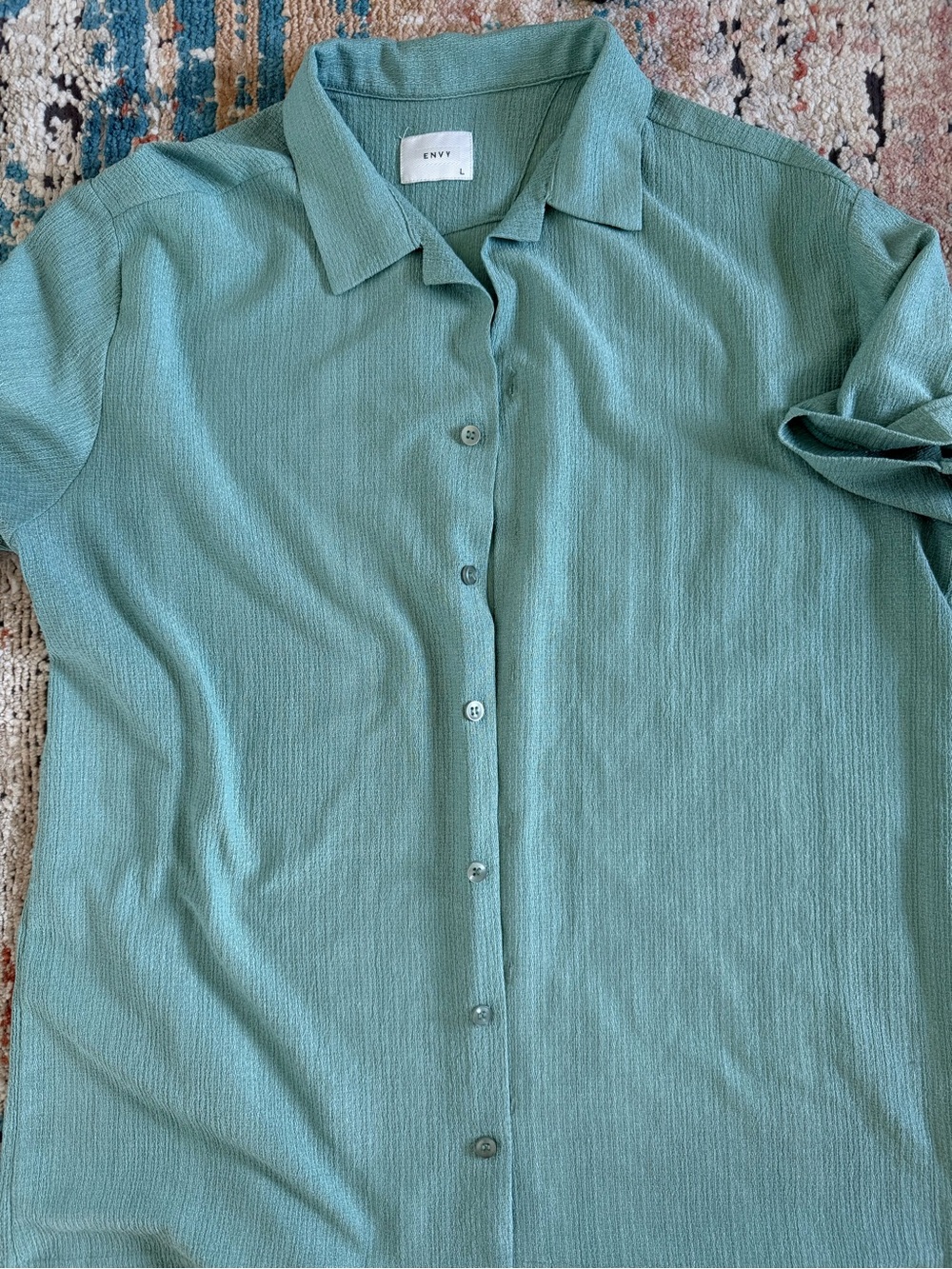 envy Sage Green Short-Sleeve Button-Down Collared Top